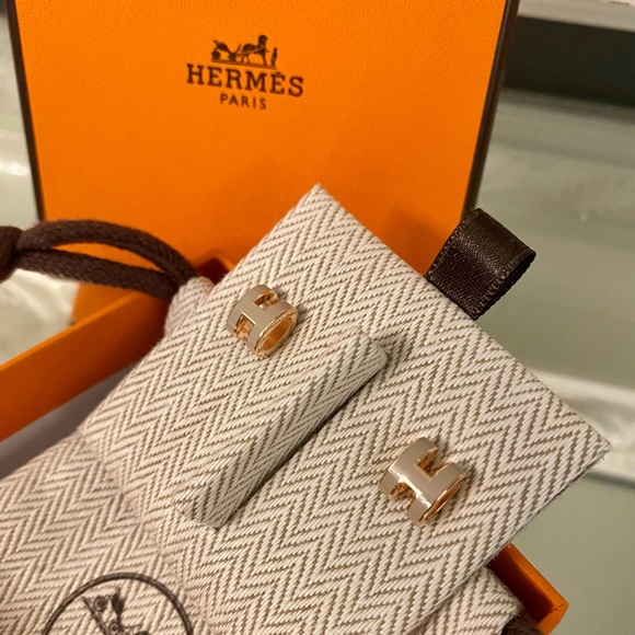 ❌SOLD❌New Authentic Hermes Mini Pop H Earrings Marron Glace Rose Gold - Picture 2 of 6